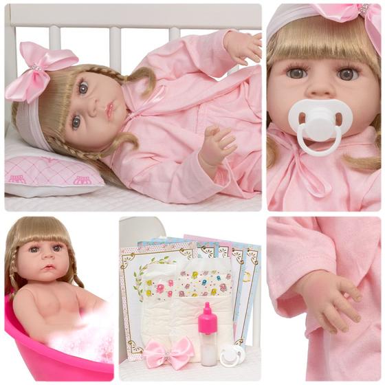 Imagem de Boneca Reborn Realista Menina Linda Kit Itens Roupão Rosa