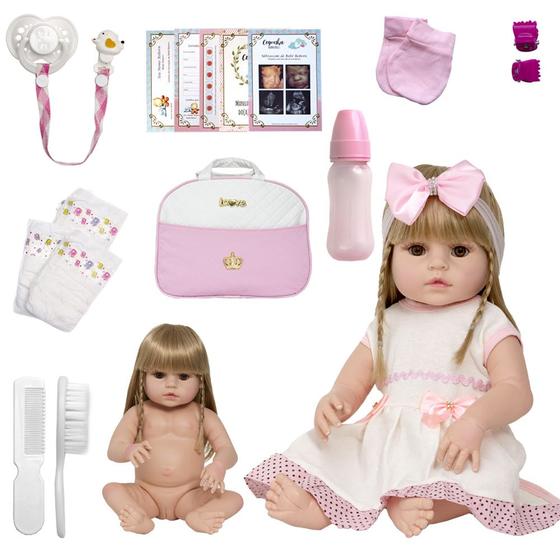 Imagem de Boneca Reborn Realista Vinil Siliconado + Enxoval com Bolsa