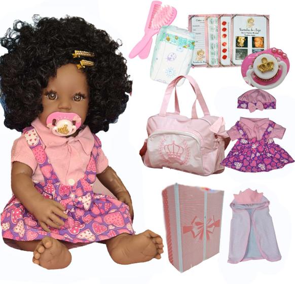 Imagem de Boneca Reborn Silicone Negra Realista Kit Acessórios Enxoval Boneca Reborne Bebe Brinquedo Menina Original Realista Lol Grande Bb Baby Reborne Reborn