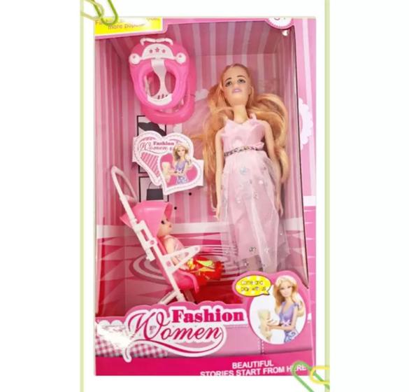 Imagem de Boneca Tipo Barbie + Cachorro que faz coco + Bicicleta e patins + Grávida com carrinho diversas