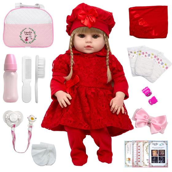 Imagem de Boneca Tipo Reborn Menina Loira Vestido Vermelho Com Bolsa