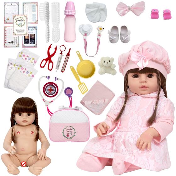 Imagem de Boneca Tipo Reborn Princesa Vestido Rosa Kit Acessórios Luxo