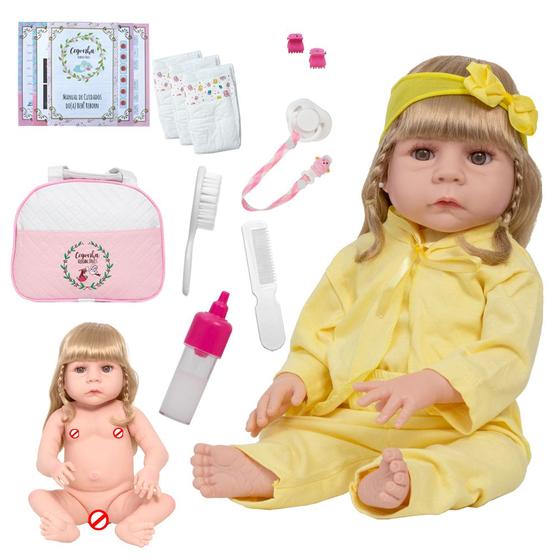 Imagem de Boneca Tipo Reborn Recém Nascida 46cm Loira Fofinha Completa