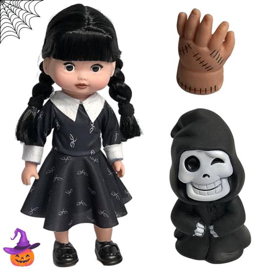 Imagem de Boneca Vandinha Addams Wandinha Vavazinha Dia das Bruxas Crianças para Meninas com Fantasminha  e Mãozinha Halloween