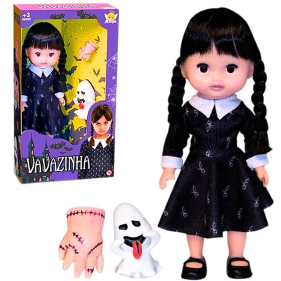 Imagem de Boneca Vavazinha Wandinha Addams + Mãozinha E Fantasminha Vandinha 31cm Articulada Anjo Brinquedos