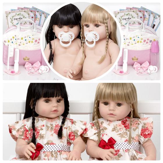 Imagem de Bonecas Gêmeas Reborn Menina Corpo de Silicone 20 Acessórios