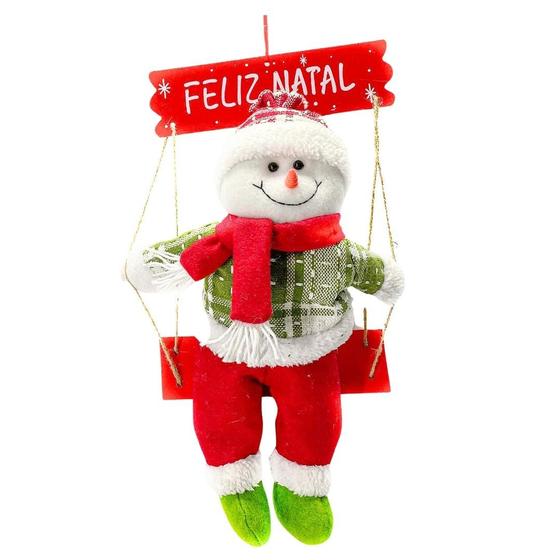 Imagem de Boneco de Neve Gangorra Madeira Pelúcia Tricô Xadrez Vermelho e Verde 40cm - Magizi