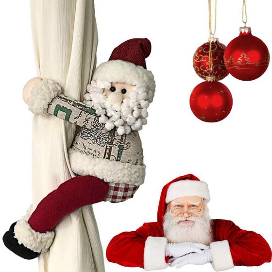 Imagem de Boneco de Papai Noel Segura Cortina de janela quarto sala