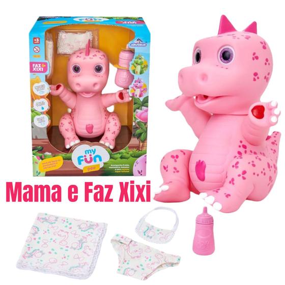 Imagem de Boneco Dinossauro Faz Xixi Rosa + Mamadeira Fralda e Babador