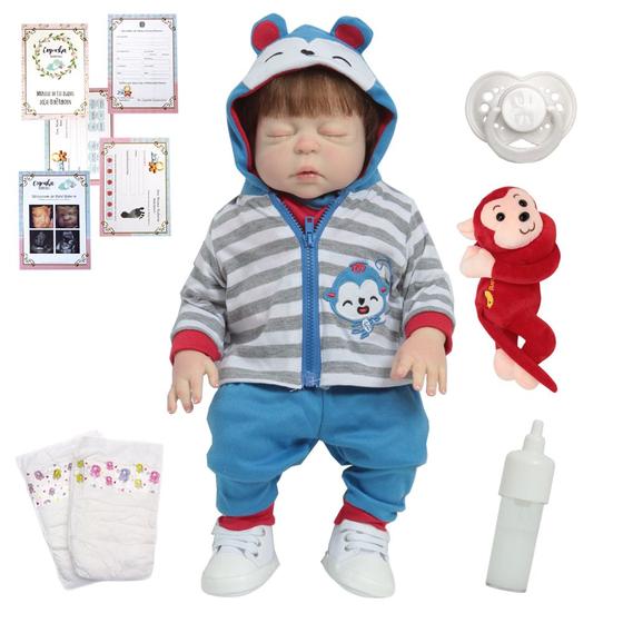 Imagem de Boneco Reborn Bebê Realista Conjunto Macaco Com Itens