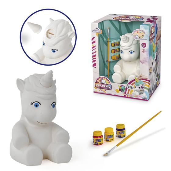 Imagem de Boneco Unicórnio Para Pintar Cofre Infantil Com Kit Pintura