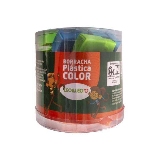 Imagem de Borracha Neon com cinta protetora Leo e Leo, cores azul, laranja, rosa e verde, embalagem com 24 unidades