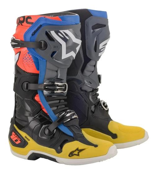Bota Alpinestars Tech 10 Preta/Amarela/Vermelhoflúor Articulada Cross