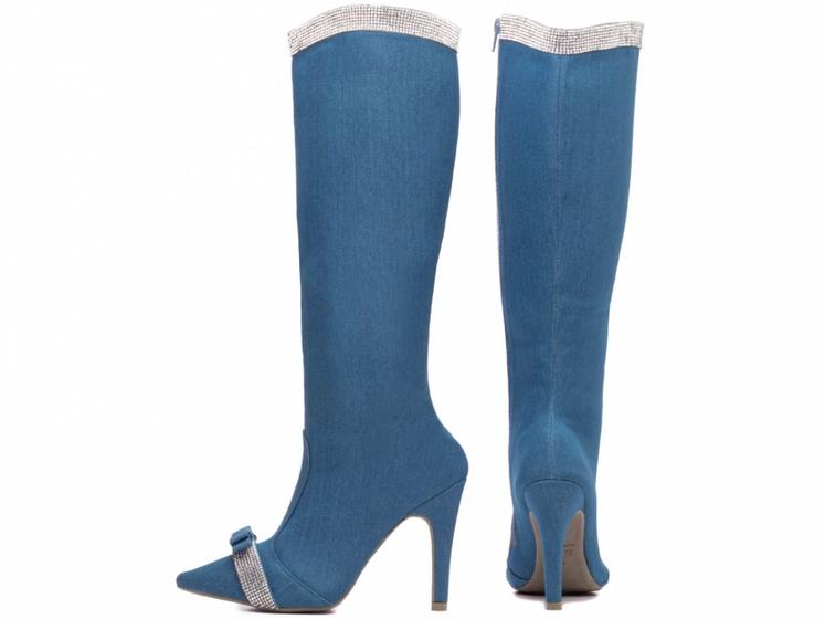 Imagem de Bota Bico Fino Feminina Jeans Azul Salto 10cm Zíper 67042D