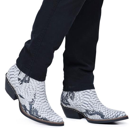Bota Botina Masculina Country Bico Fino Anaconda Branca e Preta De Couro JNA SHOES Menor preço em Bota Botina Masculina Country Bico Fino Anaconda Branca e Preta De Couro JNA SHOES