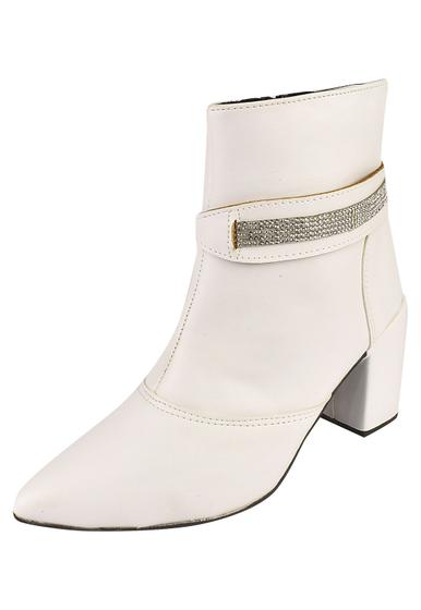 Imagem de Bota Cano Curto Rosa Chic Calçados Bico Fino Salto Alto Enfeite Strass Brilho Removível Zíper Feminino Branco