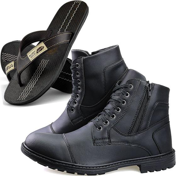 Imagem de Bota Casual Dhl Masculina 501 Preta + Chinelo SW Conforto 1505 Café