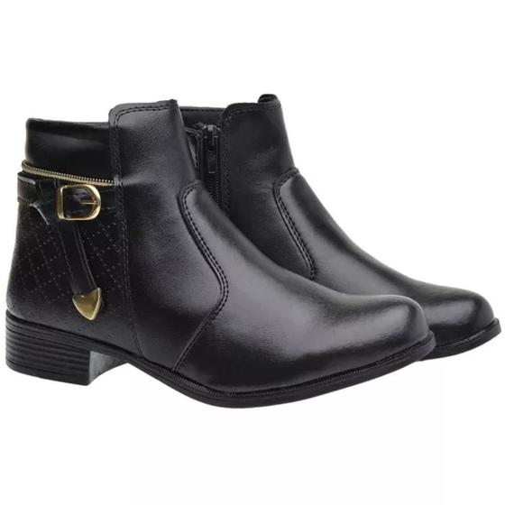 Imagem de Bota Casual Feminino Cano Curto Zíper Fivela Tira Ponteira Metal Moda Inverno Salto Baixo