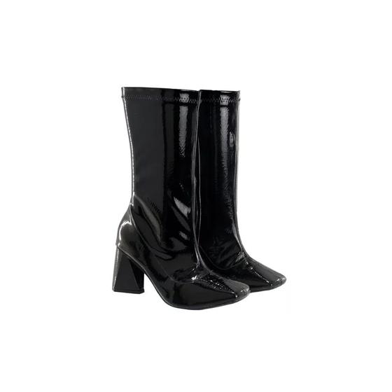 Imagem de Bota Casual Meia Feminino Cano Médio Verniz Elegante Estilo Moda Salto Grosso