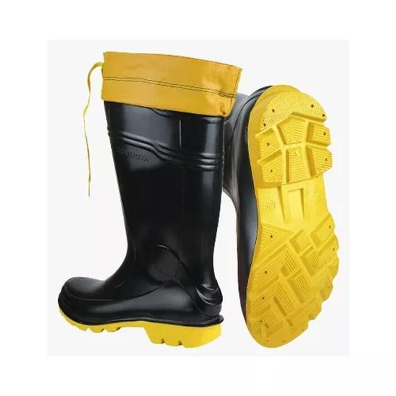 Imagem de Bota chuva impermeável moto motociclista motoboy motoqueiro cano preto solado amarela c/forro