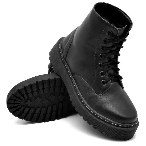 Imagem de Bota Coturno Amanda Block Cano Curto Lisa com Sola Alta Reta Tratorada e Cadarço