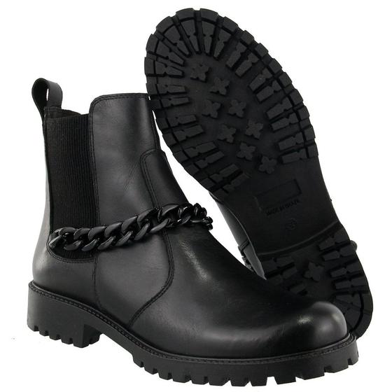 Imagem de Bota Coturno Casual Couro Feminino Cano Curto Elástico Moda Corrente Confortável Sola Tratorada