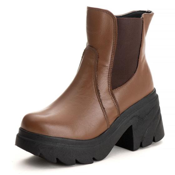 Imagem de Bota Coturno Casual Couro Feminino Estilo Elástico Moda Resistente Confortável Sola Tratorada