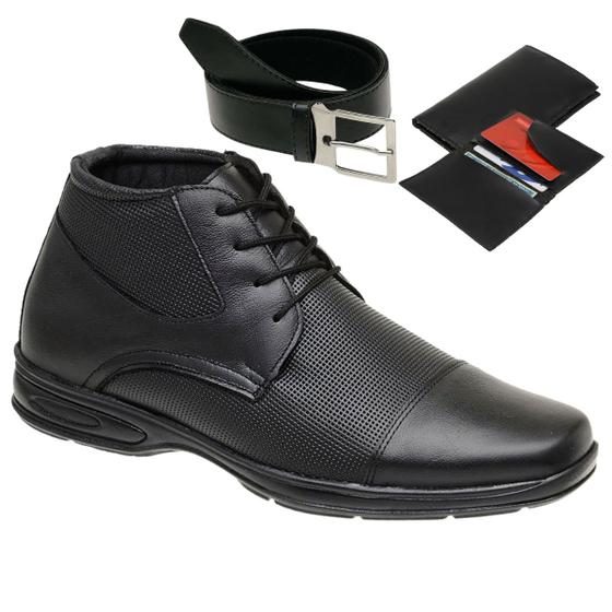 Imagem de Bota Coturno Casual Gm Ortopédico Social Couro Legítimo Kit Carteira e Cinto Masculino