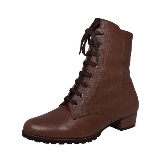 Imagem de Bota Coturno Couro Legítimo Salto Baixo Grosso 3cm Cano Curto Bico Redondo Luiza Sobreira Marrom Café Mod. 2218