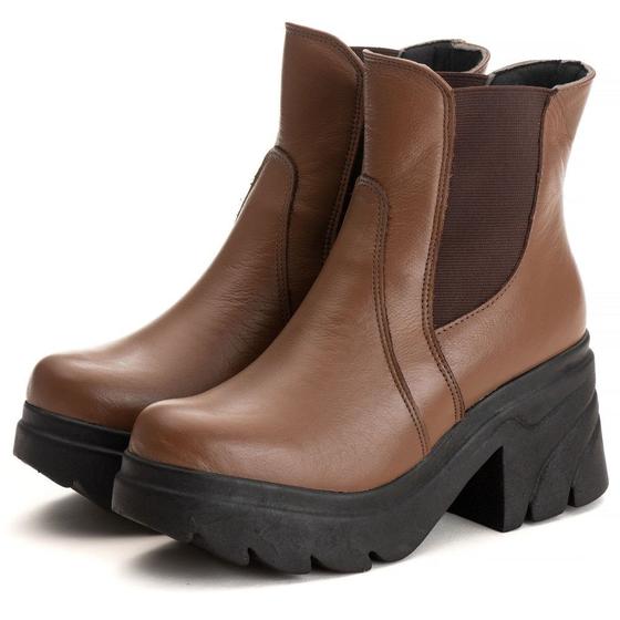 Imagem de Bota Coturno Couro Tratorado Feminino Cano Médio Elástico Moda Fashion Salto Alto Estilo e Conforto