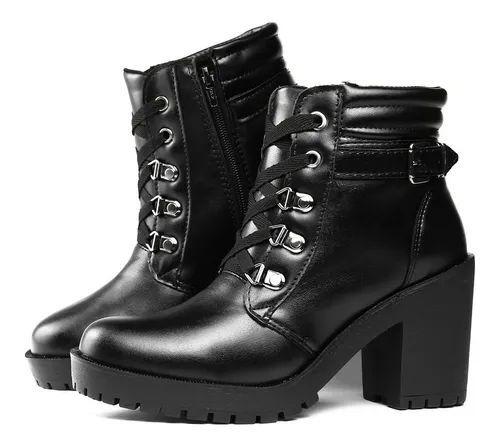 Imagem de Bota Coturno Feminina Tratorada Cano Curto Preta Com Ziper Lateral