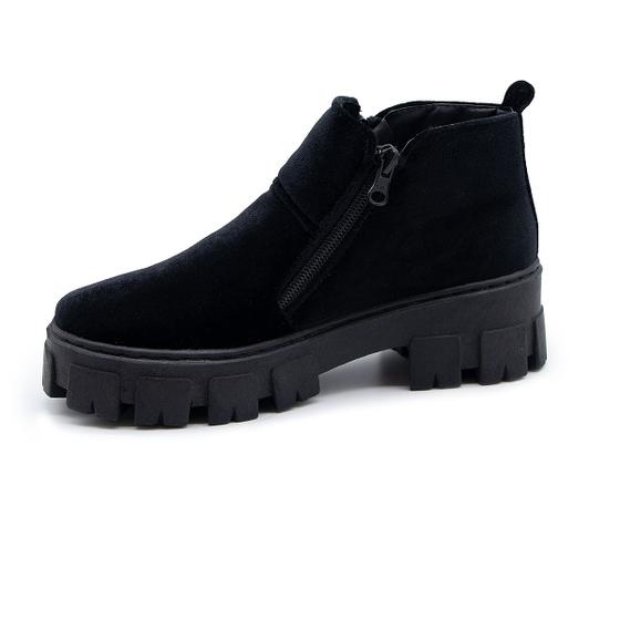 Imagem de Bota Coturno Feminino Couro Cano Baixo Elegante Sola Tratorada Plataforma cor Veludo Preto