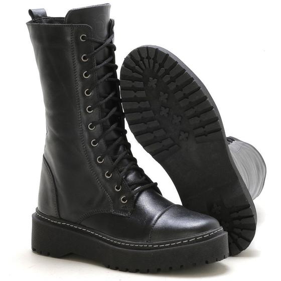 Bota Coturno Feminino DM DAMANDO Plataforma Tratorado Em Couro Menor preço em Bota Coturno Feminino DM DAMANDO Plataforma Tratorado Em Couro