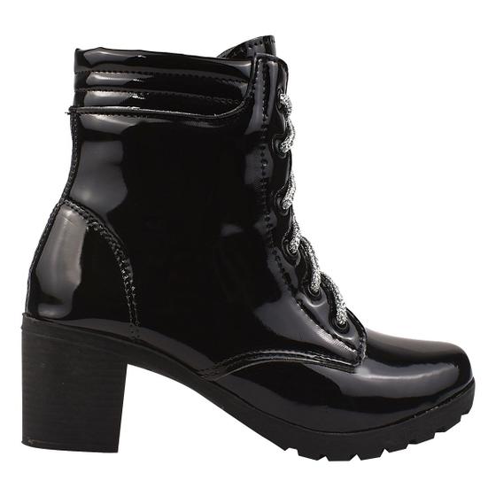 Imagem de Bota Coturno Feminino Salto Grosso Tratorado Preto Verniz Brilho Blogueira Estilo