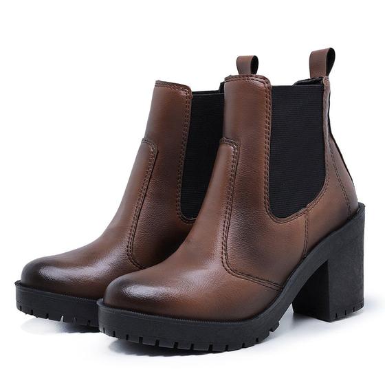 Imagem de Bota Coturno Feminino Salto Medio Tratorada Elastico Macia Confortavel Whisky