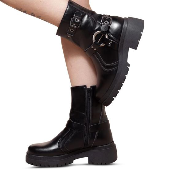 Imagem de Bota Coturno Feminino Tiras e Fivela Zíper Confortável Fashion Blogueira Sola Tratorada