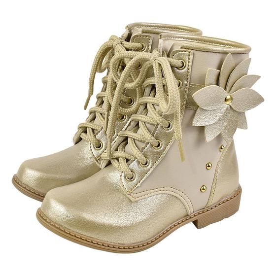 Imagem de Bota Coturno Infantil Menina Flor e Cadarço Dourado