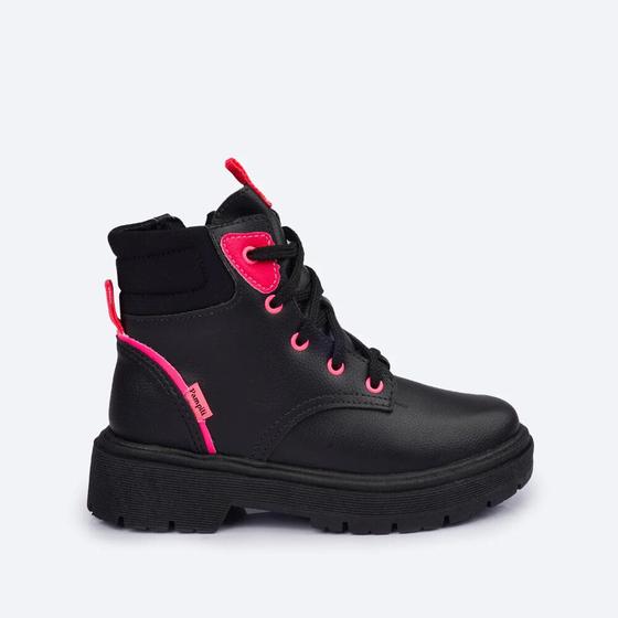 Imagem de Bota Coturno Infantil Pampili Duda Preto Pink Flúor 681.008