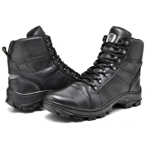 Imagem de Bota Coturno Militar Tática Couro Masculina Cano Baixo Preta Lisa