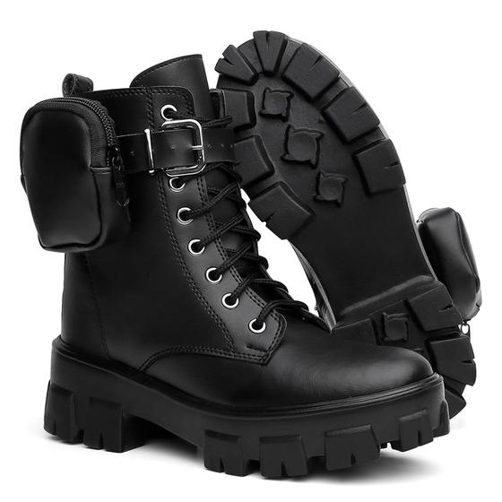 Imagem de Bota Coturno Tratorado Feminino Preto Moda Com Bag Bolsinha Zíper Confortável