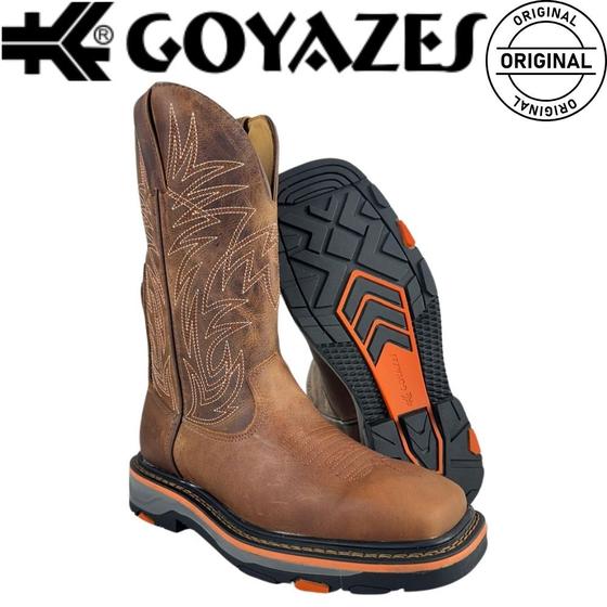 Imagem de Bota Country De Cowboy Marrom Bico Quadrado Palmilha Em Gel 100% Couro Original Goyazes R.247403-CK