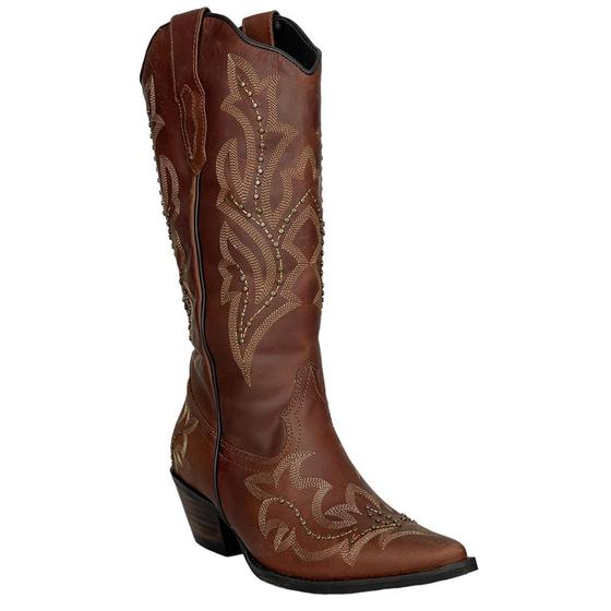 Imagem de Bota Country Feminina Bordada Marrom Bico Fino Cano Longo- Vimar Ref:33529