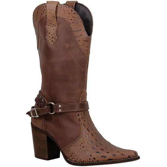 Imagem de Bota Country Feminina Couro Escamada Bico Fino Cano Alto