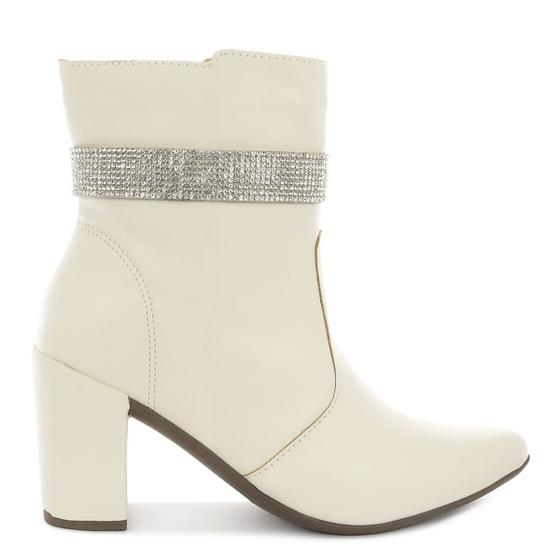 Imagem de Bota Feminina Branca Off White Tira Strass Cano Curto Bico Fino Salto Bloco Grosso