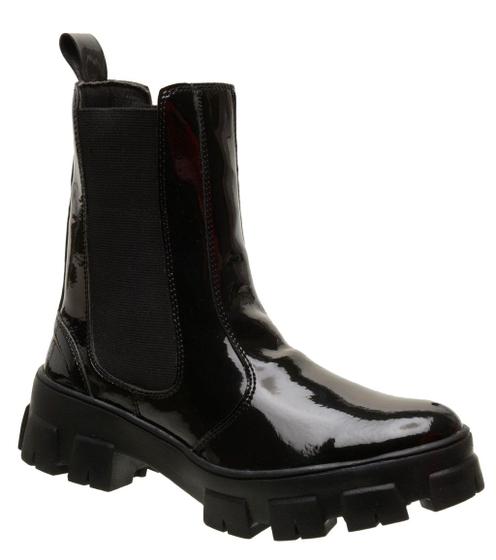 Imagem de Bota Feminina Cano Curto Tratorada Chelsea Blogueira Coturno Lançamento Preto Verniz