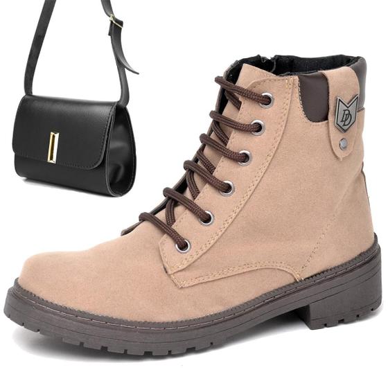 Imagem de Bota Feminina Coturno Camurça Kit Com Bolsa Transversal Elegante