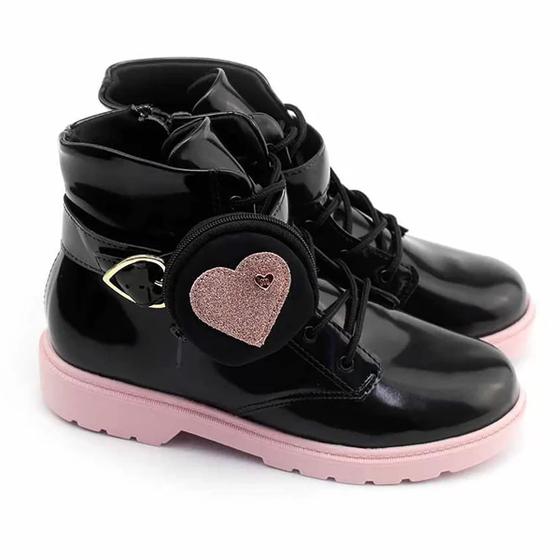 Imagem de Bota Infantil Molekinha Coturno Coração Verniz - Preto e Rosa