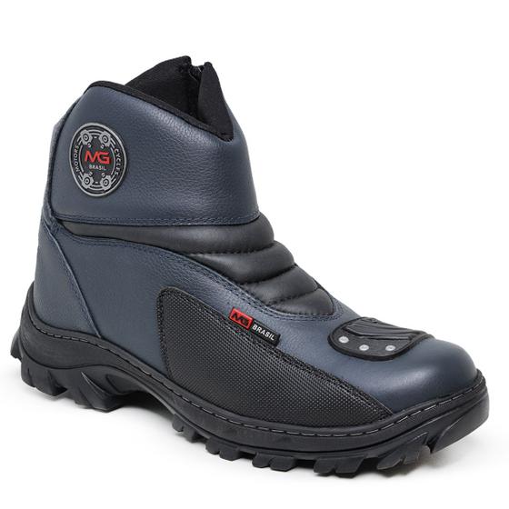 Bota Masculina Motociclista Shadow MG Brasil em Couro Legítimo Azul Menor preço em Bota Masculina Motociclista Shadow MG Brasil em Couro Legítimo Azul