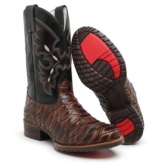 Imagem de Bota Masculina Texana Escamada Western Cano Longo Bordado Bico Redondo