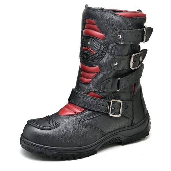 Imagem de Bota Motociclista Com Protetor Couro Legítimo Fivelas Racing Fakcini - 13005 - Preto Vermelho